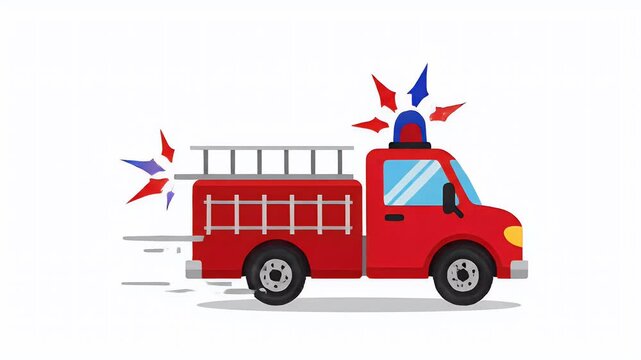 Fire Truck Fast Motion Graphics Animation on Pure White Background
