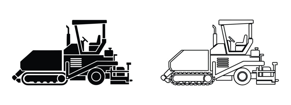 Road paver machine outline and solid vector illustration, construction equipment, asphalt paving machinery, and heavy vehicle.