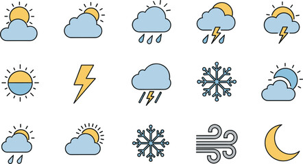 Obraz premium Professional weather icon set with blue clouds yellow suns and large snowflakes for mobile application interface design.