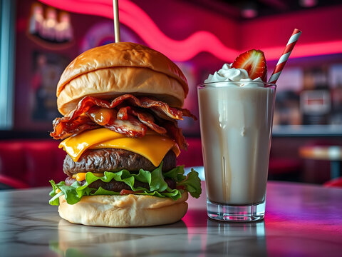 Hamburguesa gourmet jugosa con queso cheddar derretido y malteada cremosa de fresa