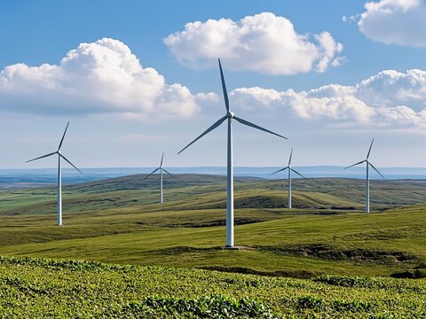 Wind turbines on rolling green hills under a blue sky with clouds