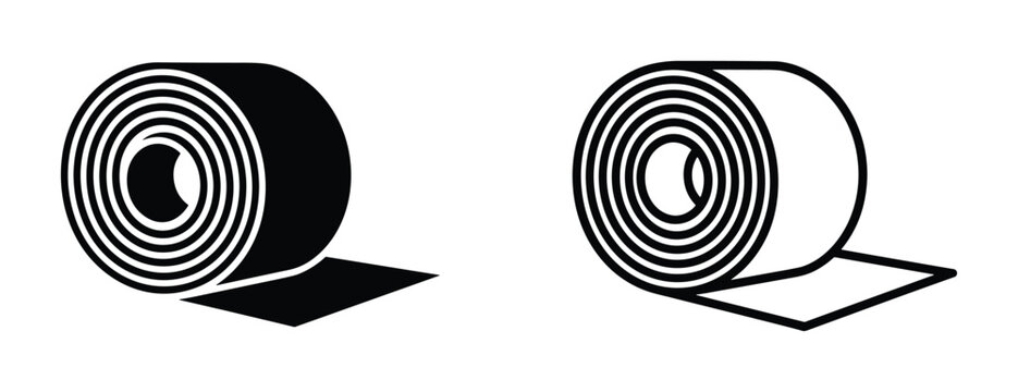 Roll of material icon set in black and white, depicting tape, fabric or paper roll with unrolled section.