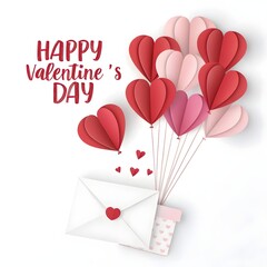 Happy Valentine&rsquo;s Day Paper Cut Heart Card with Balloon Hearts and Ribbon