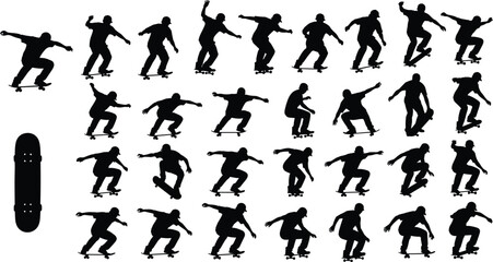 Large set of black skateboarder silhouettes in various motion poses and trick sequences isolated on white background for extreme sports and urban lifestyle concept