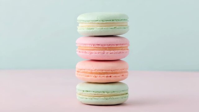 Pastel macaron stack with soft pink and green colors on light background, sweet dessert confectionery with smooth creamy texture and calm layers