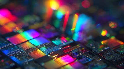 Fototapeta premium Macro View of Semiconductor Microchip Wafer with Rainbow Neon Circuit Patterns