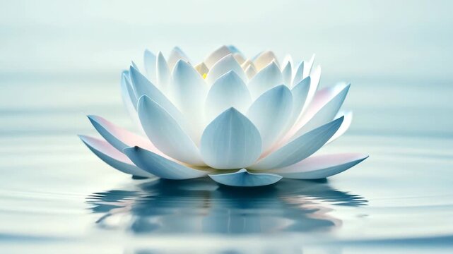 White lotus flower with delicate petals floating on calm water, gentle ripples creating serene reflection and peaceful tranquility bloom