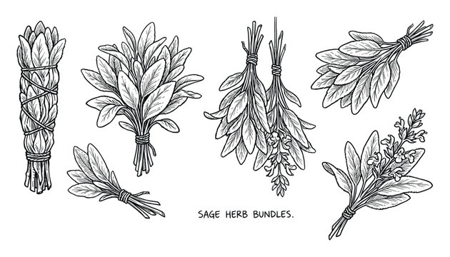 Sage herb bundles vector illustration. Botanical sage leaf, bunches hanging, dried sage stick for aromatherapy.