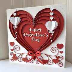 Happy Valentine&rsquo;s Day Paper Cut Heart Card with Balloon Hearts and Ribbon