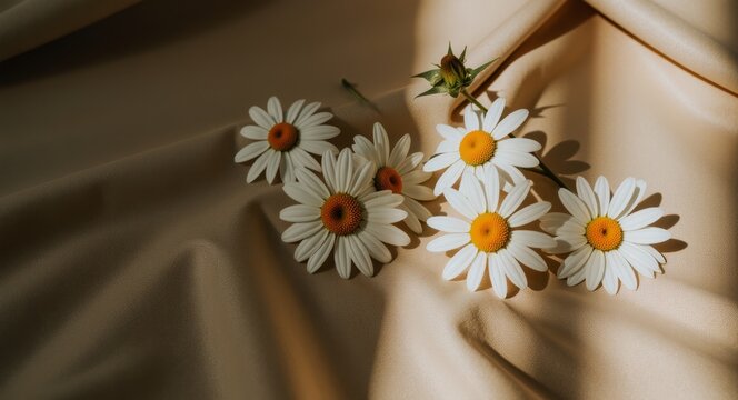 Zarter Strau&szlig; aus wei&szlig;en G&auml;nsebl&uuml;mchen liegt auf hellem Stoff im weichen Sonnenlicht, ruhiges florales Stillleben mit nat&uuml;rlichen Schatten, minimalistische &Auml;sthetik und zeitlose Wohnatmosph&auml;re