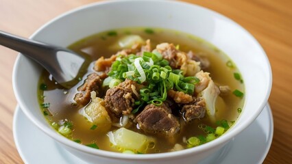 Hearty bowl of beef stew soup.