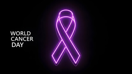 Purple neon ribbon symbolizing cancer awareness on world cancer day against a dark background with text overlay