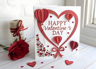 Happy Valentine&rsquo;s Day Paper Cut Heart Card with Balloon Hearts and Ribbon