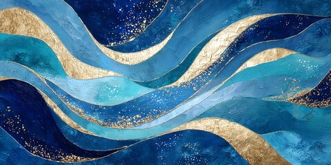 Abstract Blue and Gold Waves with Acrylic Texture