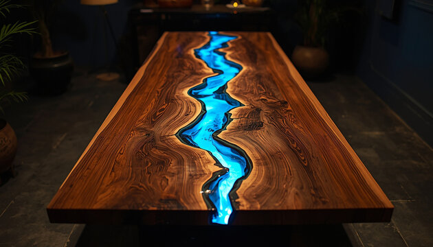 Live edge dining table with vibrant blue epoxy river inlay, modern furniture design