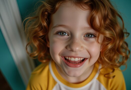 Fr&ouml;hliches Kind mit lockigem Haar lacht gl&uuml;cklich in die Kamera, sitzt entspannt auf einem gem&uuml;tlichen Bett im hellen Schlafzimmer, nat&uuml;rliche Wohnatmosph&auml;re, authentische Kindheit und pure Lebensfreu