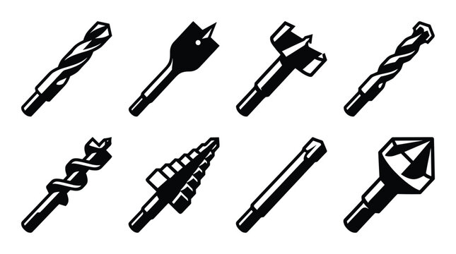 Set of drill bits vector icons, various types and designs of drill bits for drilling and woodworking projects