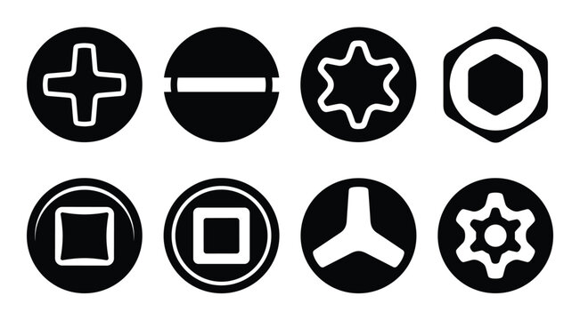 Set of eight different screw head types icons in black and white circle shapes