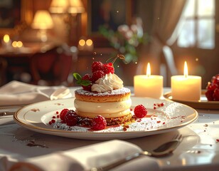 A decadent dessert of pancakes with whipped cream and raspberries on a white plate with gold trim sits on a fine dining table set with candles in a warmly lit restaurant with soft focus