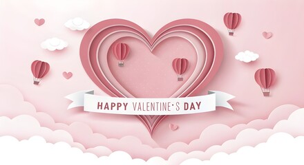 Happy Valentine&rsquo;s Day Paper Cut Heart Card with Balloon Hearts and Ribbon