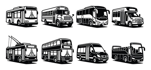 Set of vector illustration of various types of buses in black and white, bus styles with shadow.