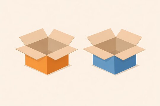 Conceptual illustration of identical open boxes with different colors. Symbolizes reused content, superficial changes, content duplication, algorithm gaming, and lack of originality.