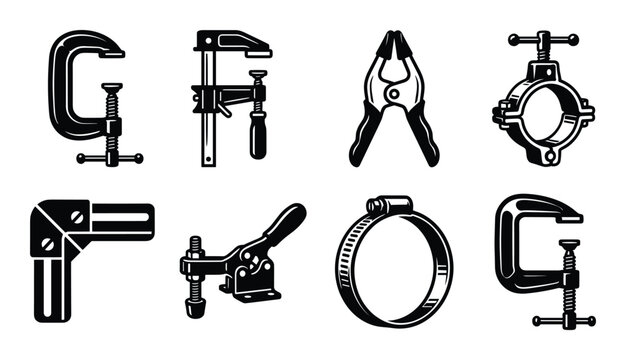 Set of various types of black and white clamps, tools and woodworking equipment