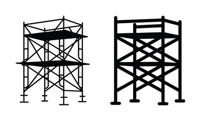 Silhouette illustration of scaffolding structures, featuring construction support platforms in black and white vector