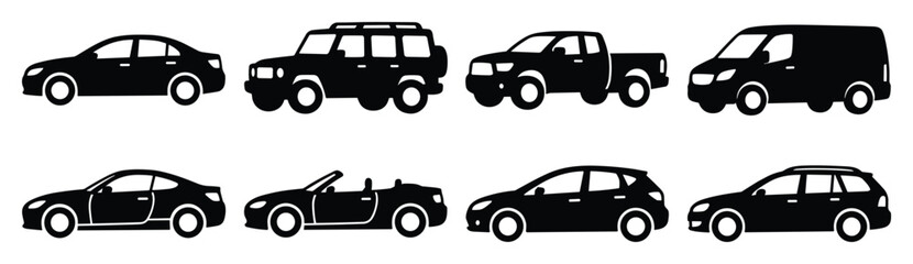 Silhouette set of diverse cars sedan, suv, truck, van, coupe, convertible, hatchback, wagon