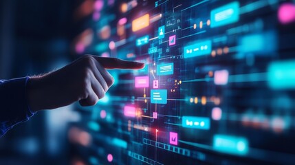 Digital interaction human finger contacting modern touchscreen technology device for seamless user experience and interface control.