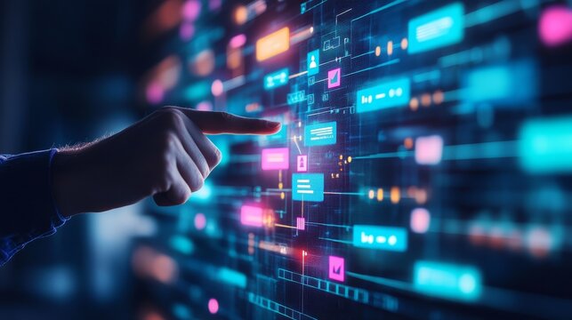 Digital interaction human finger contacting modern touchscreen technology device for seamless user experience and interface control.