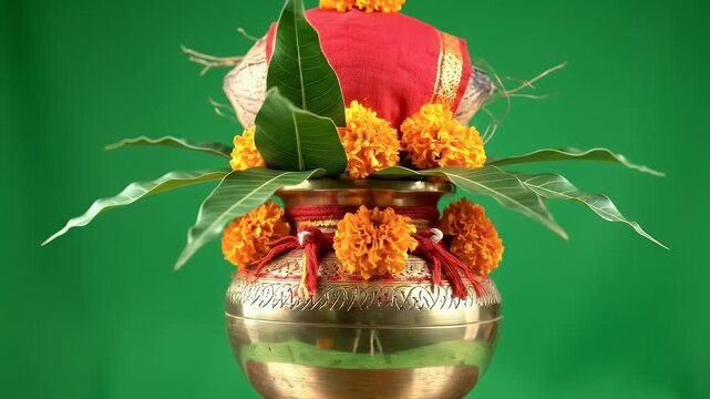 Gangaur Festival Traditional Brass Kalash with Coconut on Green Screen