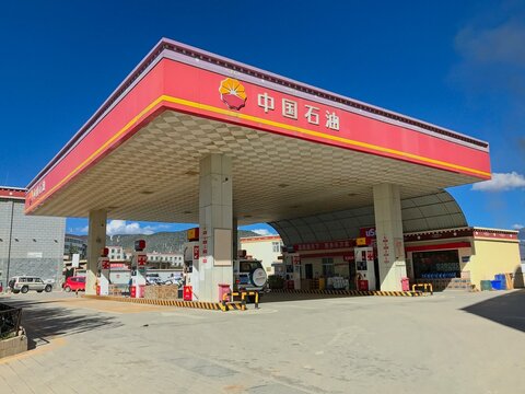 XIANGGELILA,YUNNAN,CHINA-OCTOBER 18,2017:Exterior view of PetroChina gas station. The Chinese oil and gas company is the listed arm of state-owned China National Petroleum Corporation (CNPC).