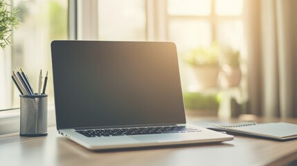 Professional workspace setup with modern laptop digital pen and organized desk surface ideal for productivity and remote work environment.