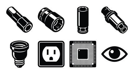 Sockets and components black and white vector illustration design isolated on white background. Tools, electric, computer parts