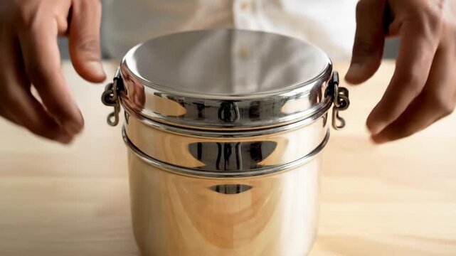 Close up of two hands gently closing the lid on a shiny stainless steel tiffin lunch box container with silver clasps on a light wooden table surface with soft natural lighting