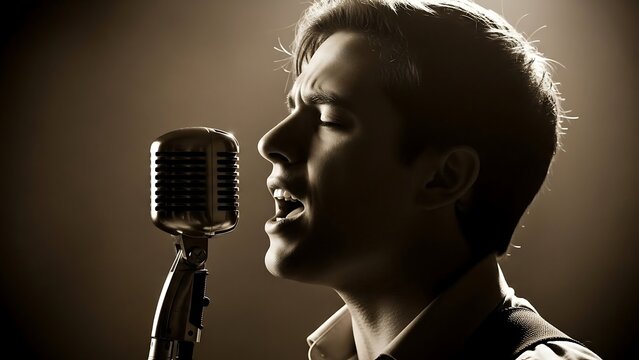 Man singing into vintage microphone.