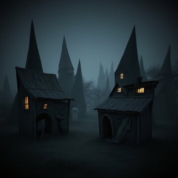 Architecture Jagged black spires crooked wooden huts and fog shr