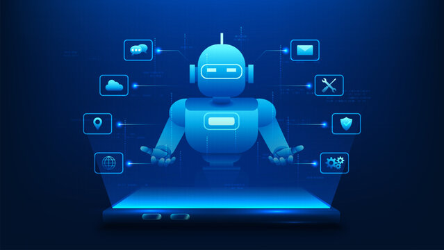 Artificial Intelligence Technology Background, Smartphone with Hologram Robot and Service