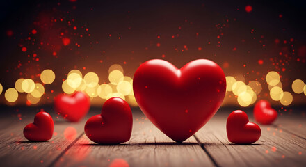 Valentine's day hearts on wooden table with bokeh lights