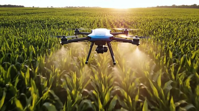 Backlit agricultural drone using ai to spray vibrant green crops in a cornfield, embodying futuristic farming.