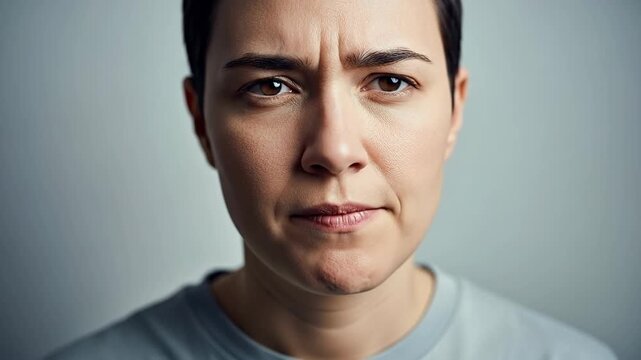 A close-up portrait of a pensive person with a serious expression.