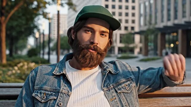 Stylish bearded man in denim jacket sitting on bench in city park adjusting cap at golden hour