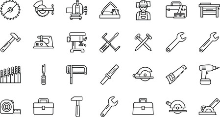 Construction tools and equipment line icons set with workshop machinery repair instruments outline vector illustration