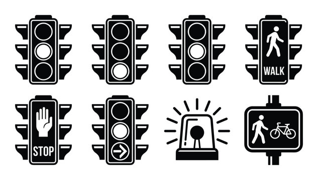 Traffic lights and pedestrian signals vector icons set illustration