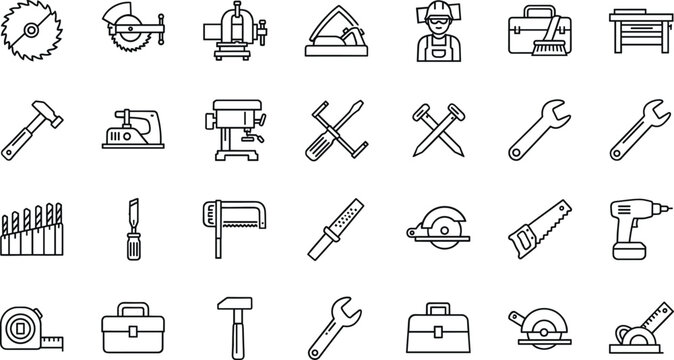 Construction tools and equipment line icons set with workshop machinery repair instruments outline vector illustration
