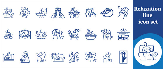 Relaxation icons line icon set, simplicity, interface, peaceful, sleep, bed, cushion, icon set, alarm, vector, graphic, sheep, mask, stripes, rooster, stars, sleep, insomnia and more