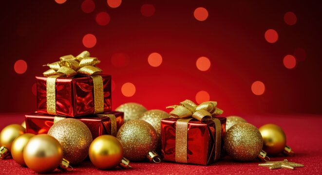 Festive red and gold Christmas gifts and ornaments with bokeh lights background