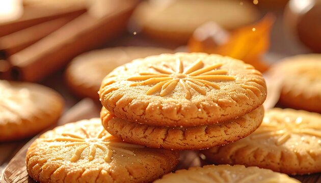 A stack of golden-brown cookies with star designs on a plate