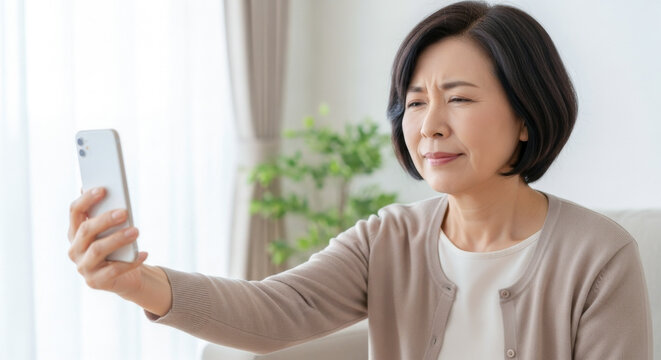 老眼の女性  スマホの文字が見にくい